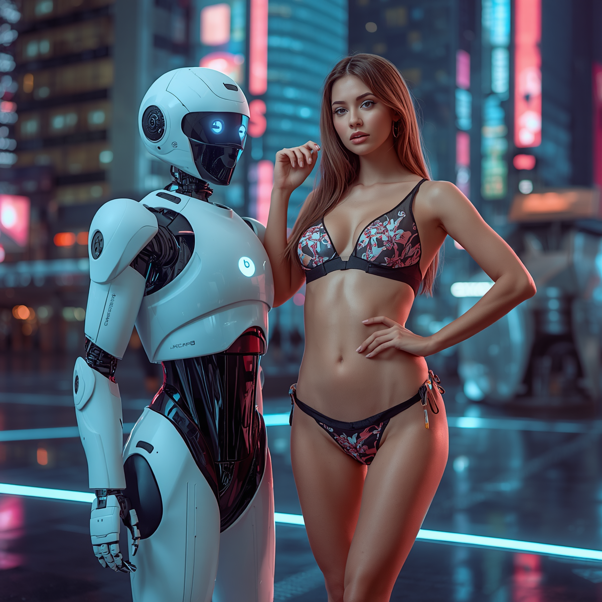 Beautiful model girl standing with AI robot